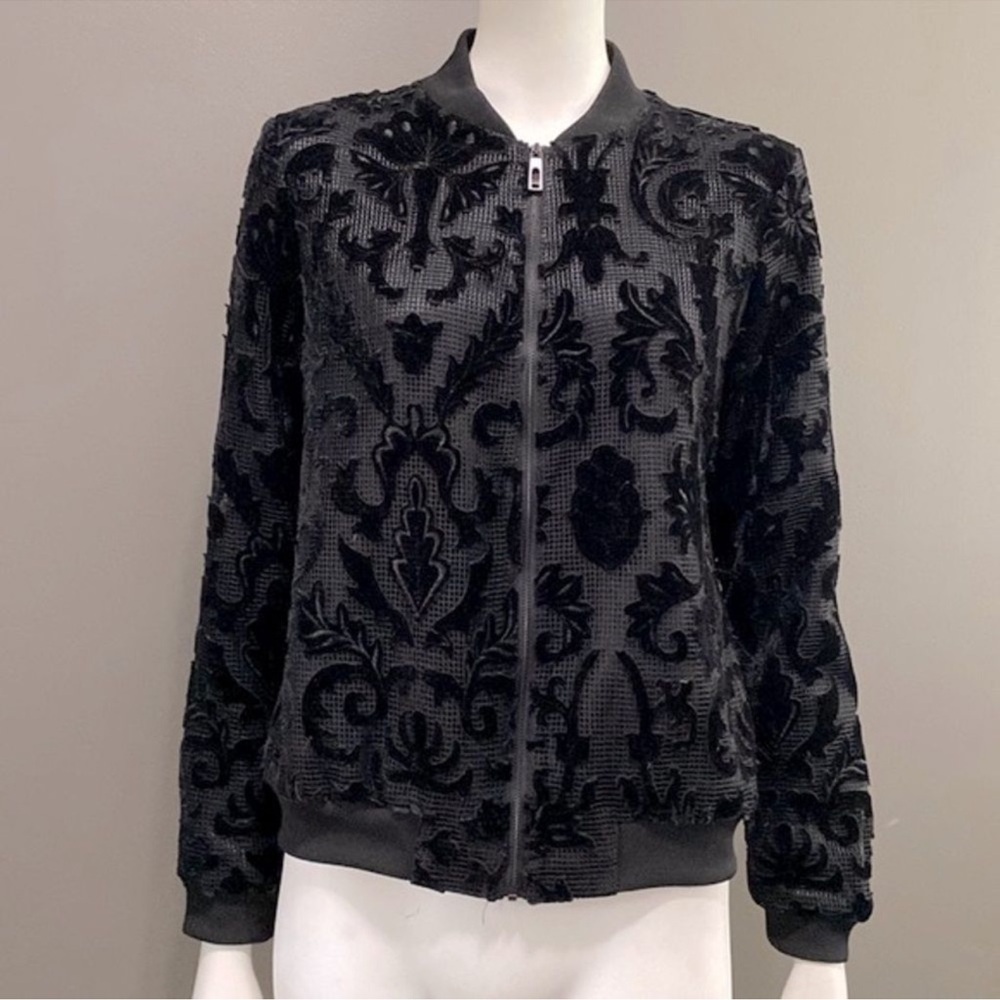 Cutout laser velvet lace mesh bomber jacket by Ivanka Trump- black